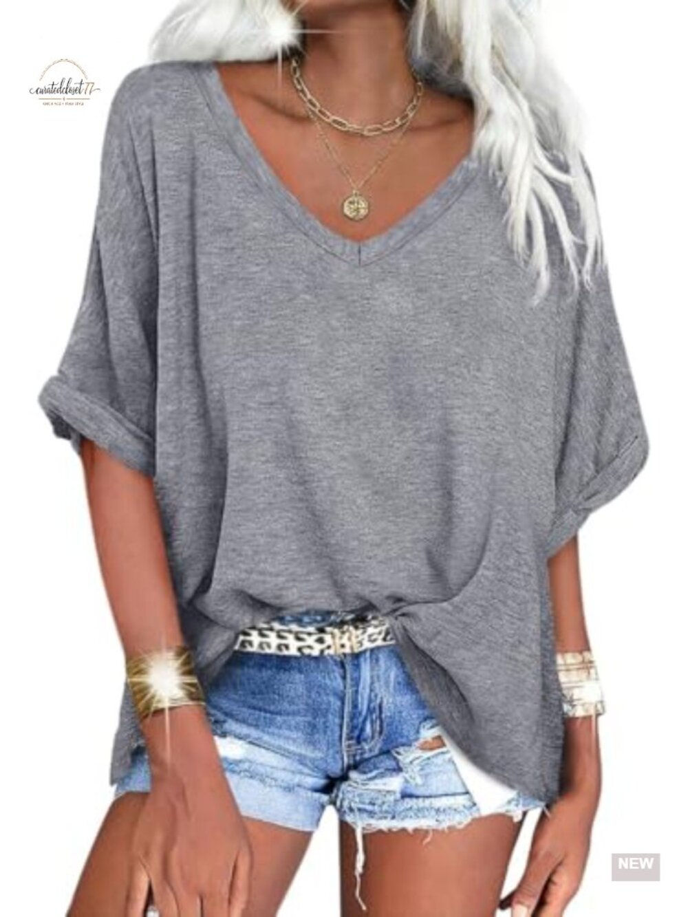 Oversized V-Neck Tee Short Sleeve Loose Summer Top